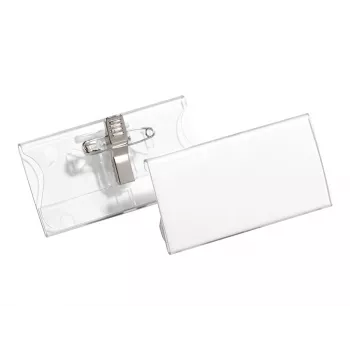 DURABLE vardinių kortelių laikiklis 40x75 mm su kombinuotu segtuku, akrilas, permatomas, 25 vnt. pakuotėje (812119)