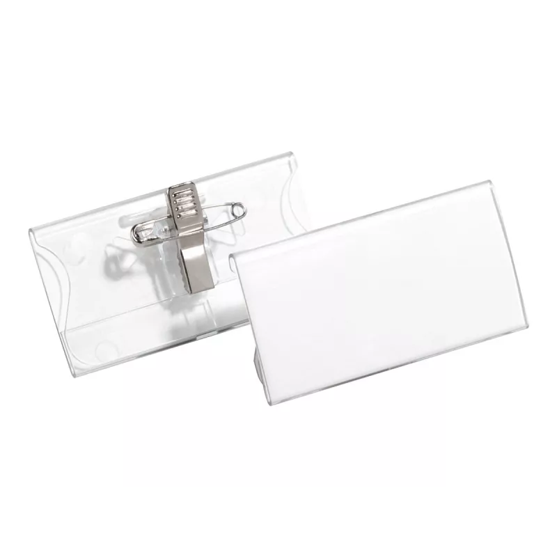 DURABLE vardinių kortelių laikiklis 40x75 mm su kombinuotu segtuku, akrilas, permatomas, 25 vnt. pakuotėje (812119)