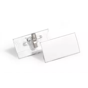 DURABLE vardinių kortelių laikiklis 40x75 mm su kombinuotu segtuku, akrilas, permatomas, 25 vnt. pakuotėje (812119)