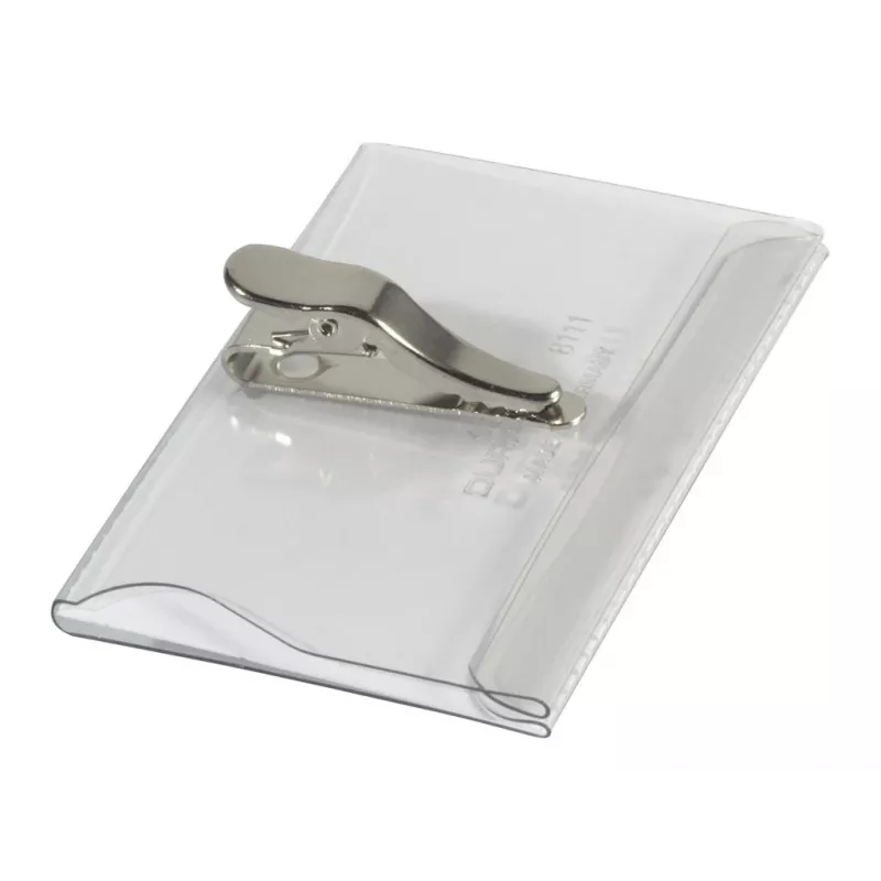 DURABLE vardinių kortelių laikiklis 54x90 mm su krokodilo segtuku, 25 vnt. pakuotė, permatomas 811119