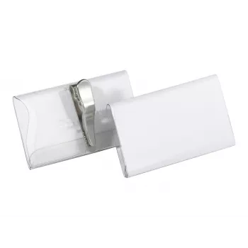 DURABLE vardinių kortelių laikiklis 75x40 mm su krokodilo segtuku, permatomas, 25 vnt. pakuotė 811019