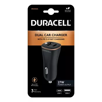 Duracell Power Travel Charger 12V USB-A + USB-C 18W PD Automobilinis įkroviklis DR6026A