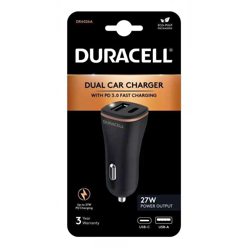 Duracell Power Travel Charger 12V USB-A + USB-C 18W PD Automobilinis įkroviklis DR6026A