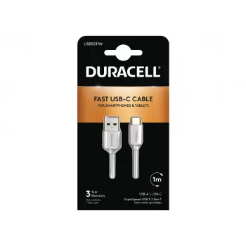Duracell USB5031W USB-A į USB-C laidas 1m USB 3.2 Gen 1 5Gbps Baltas