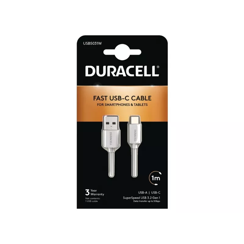 Duracell USB5031W USB-A į USB-C laidas 1m USB 3.2 Gen 1 5Gbps Baltas