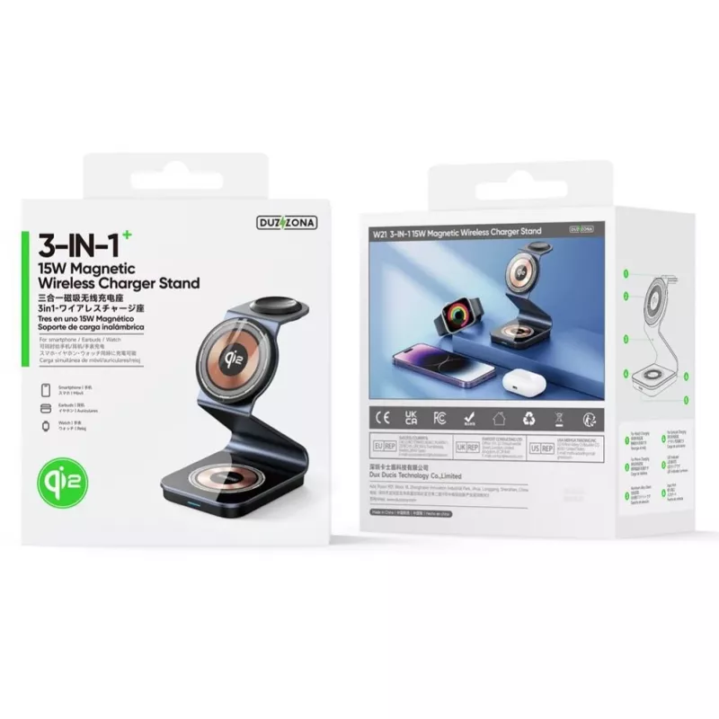 Duzzona W21 3-in-1 15W Wireless Charging Stand Phone Earphone Watch Charger (Qi2 Certified) Transparent