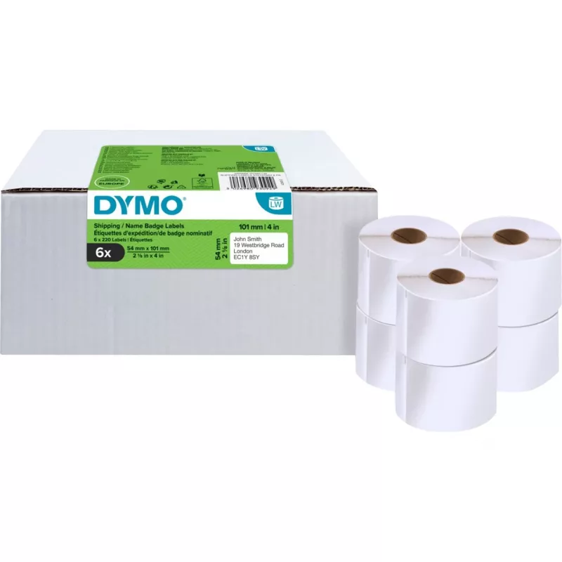 DYMO LabelWriter siuntimo ir vardinių ženklelių etiketės, 54 x 101 mm, baltos, nuolatinis klijai, 220 etikečių ritinyje