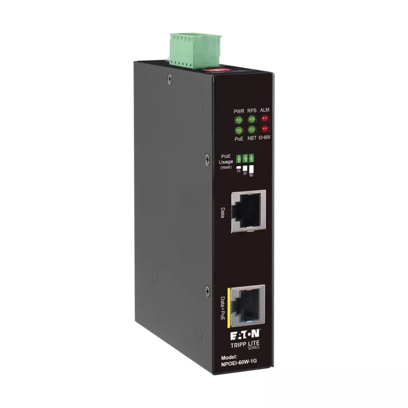 Eaton Tripp Lite serijos pramoninis Gigabit PoE++ inžektorius, 60W, 802.3bt, Midspan, -40°C iki 75°C, IP30, dvigubas 24-57VDC, DIN bėgelis, 1 prievadas, juodas