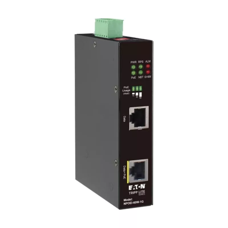 Eaton Tripp Lite serijos pramoninis Gigabit PoE++ inžektorius, 60W, 802.3bt, Midspan, -40°C iki 75°C, IP30, dvigubas 24-57VDC, DIN bėgelis, 1 prievadas, juodas