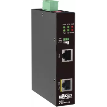 Eaton Tripp Lite serijos pramoninis Gigabit PoE++ inžektorius, 60W, 802.3bt, Midspan, -40°C iki 75°C, IP30, dvigubas 24-57VDC, DIN bėgelis, 1 prievadas, juodas