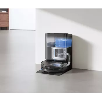 ECOVACS DEEBOT T80S OMNI robot dulkių siurblys su automatine ištuštinimo stotele, 6000 Pa siurbimo galia, karšto vandens grindų plovimas, karšto oro džiovinimas, AIVI 3D 2.0 kliūčių apėjimas, TrueMapping 2.0 LiDAR navigacija, juodos spalvos