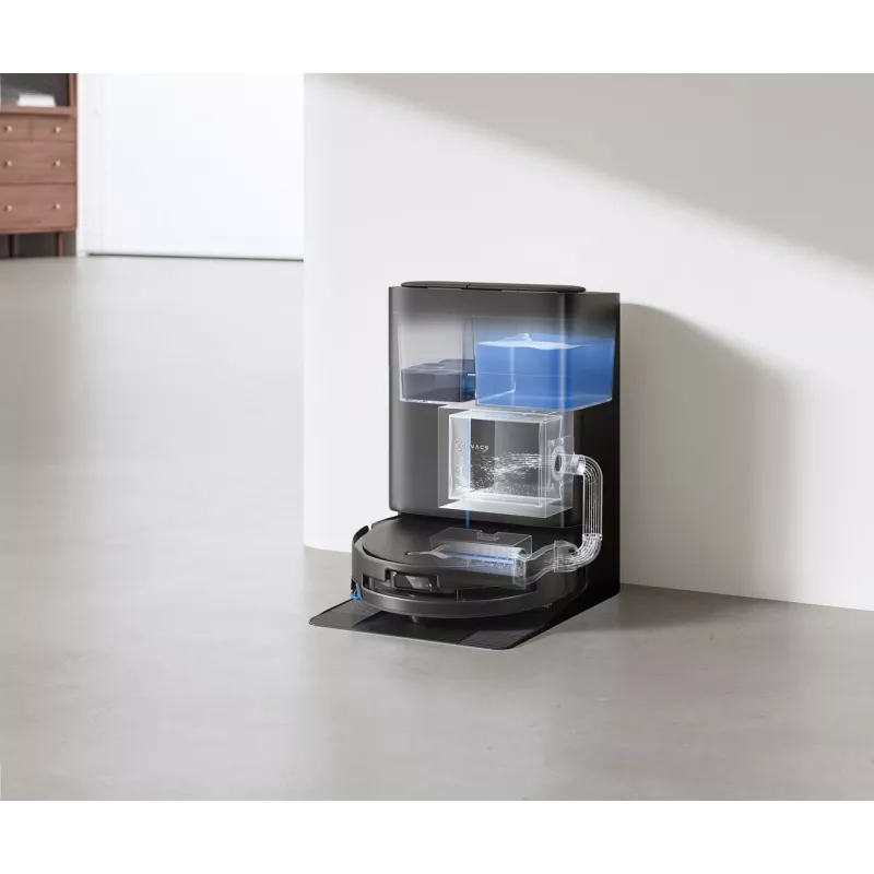 ECOVACS DEEBOT T80S OMNI robot dulkių siurblys su automatine ištuštinimo stotele, 6000 Pa siurbimo galia, karšto vandens grindų plovimas, karšto oro džiovinimas, AIVI 3D 2.0 kliūčių apėjimas, TrueMapping 2.0 LiDAR navigacija, juodos spalvos