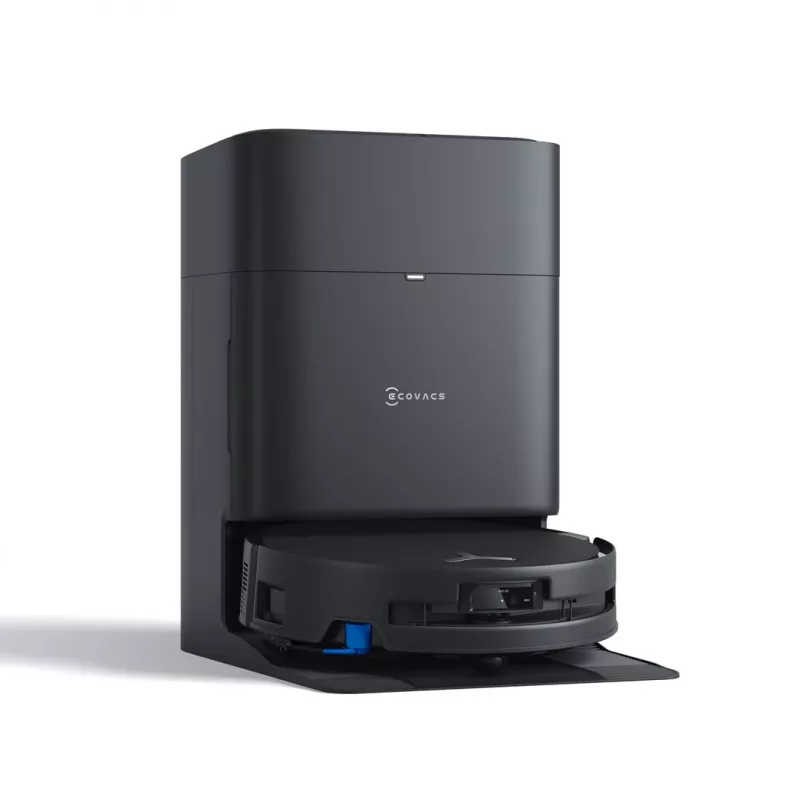 ECOVACS DEEBOT T80S OMNI robot dulkių siurblys su automatine ištuštinimo stotele, 6000 Pa siurbimo galia, karšto vandens grindų plovimas, karšto oro džiovinimas, AIVI 3D 2.0 kliūčių apėjimas, TrueMapping 2.0 LiDAR navigacija, juodos spalvos
