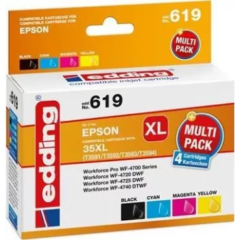Edding EDD-619 suderinamas didelio našumo rašalo kasečių rinkinys - juoda, žydra, purpurinė, geltona (4 vnt. paketas, atitinka Epson 603XL) 18-619