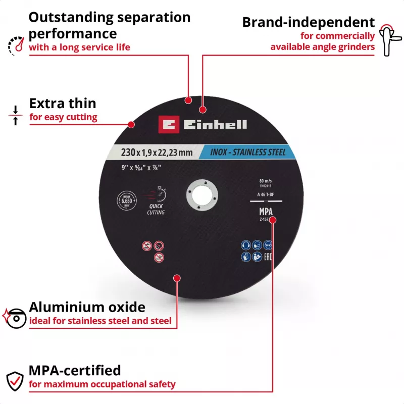 Einhell 230 x 2,0 mm plonos pjovimo diskai kampiniams šlifuokliams, 10 vnt. paketas 711524