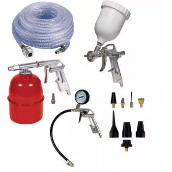 Einhell 4132776 Pneumatinių įrankių rinkinys, 5 dalių, su pūtimo pistoletu, padangų pripūtimo siurbliu, dažų purškimo pistoletu, dugno purškimo pistoletu ir 4 m spiraline žarna