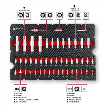 Einhell E-Case 92 dalių dirbtuvių įrankių rinkinys (370514) - Chromo vanadžio plienas, juoda/raudona