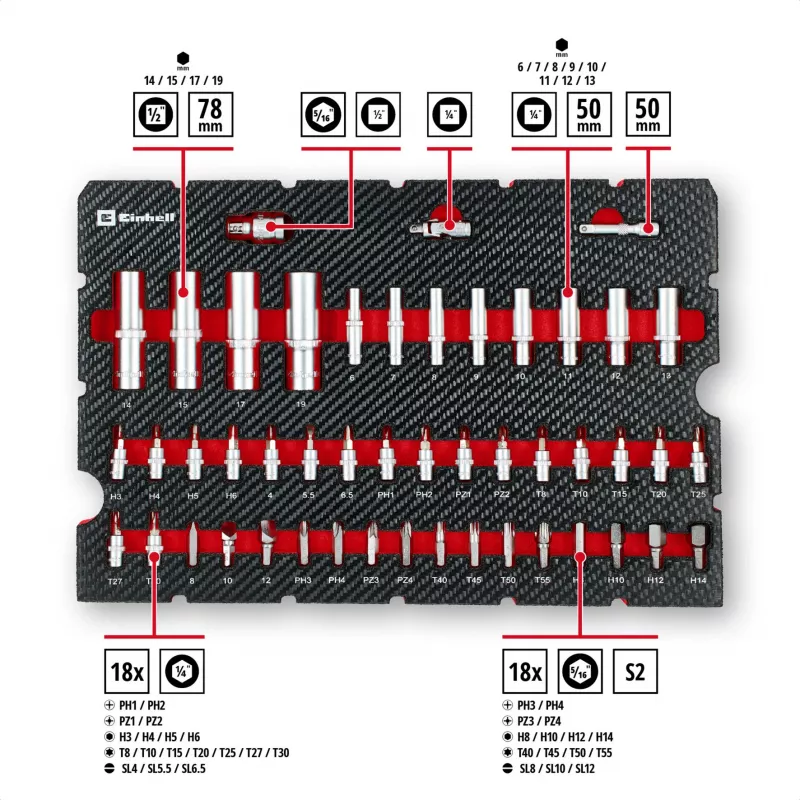 Einhell E-Case 92 dalių dirbtuvių įrankių rinkinys (370514) - Chromo vanadžio plienas, juoda/raudona