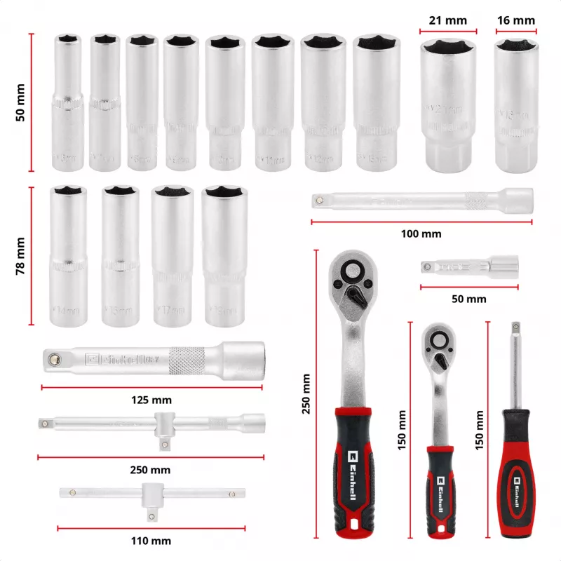 Einhell E-Case 92 dalių dirbtuvių įrankių rinkinys (370514) - Chromo vanadžio plienas, juoda/raudona