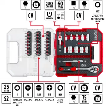 EINHELL-KWB Veržliarakčių ir antgalių rinkinys 1/4 colio, 37 dalių, L-CASE dėkle