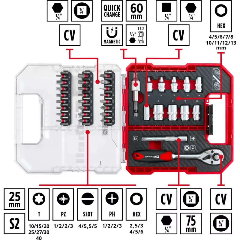 EINHELL-KWB Veržliarakčių ir antgalių rinkinys 1/4 colio, 37 dalių, L-CASE dėkle