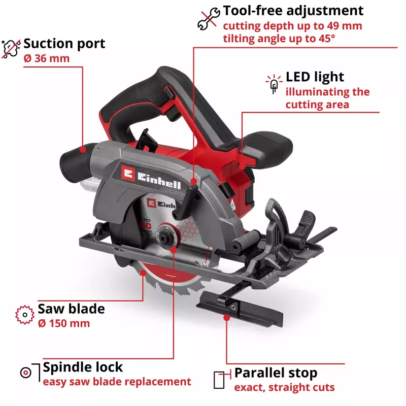 Einhell Power X-Change belaidis rankinis diskinis pjūklas TE-CS 18/150-2 Li-Solo, 18V (raudonas/juodas, be akumuliatoriaus ir įkroviklio)