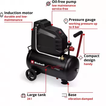 EINHELL TC-AC 190/24/8 I OF Alyvos neturintis kompresorius, 1100 W, 24 L bakas, 8 bar, juodas