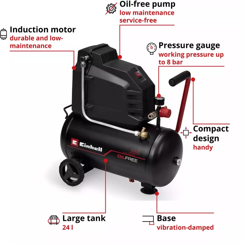 EINHELL TC-AC 190/24/8 I OF Alyvos neturintis kompresorius, 1100 W, 24 L bakas, 8 bar, juodas