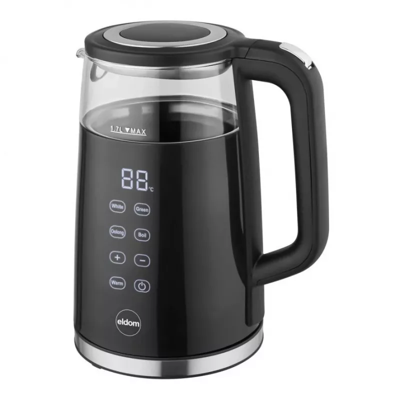 ELDOM C560 Nuvia belaidis virdulys su temperatūros valdymu, 1,7 L, 2200 W, LED ekranas, nerūdijantis plienas/juodas