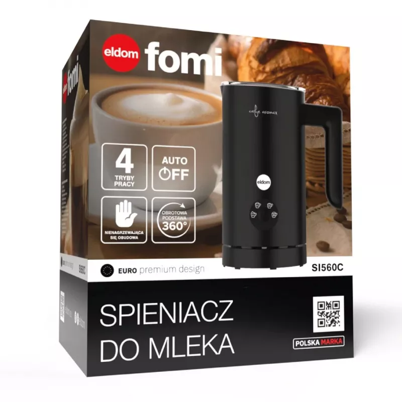 ELDOM SI560C pieno plaktuvas juodas - 500W automatinis karšto ir šalto putojimo, 300ml šildymo, nerūdijantis plienas