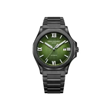 EMILE CHOURIET Vyriškas automatinis chronografo laikrodis 41mm juodas ciferblatas juodas odinis dirželis 081172GHHE8H