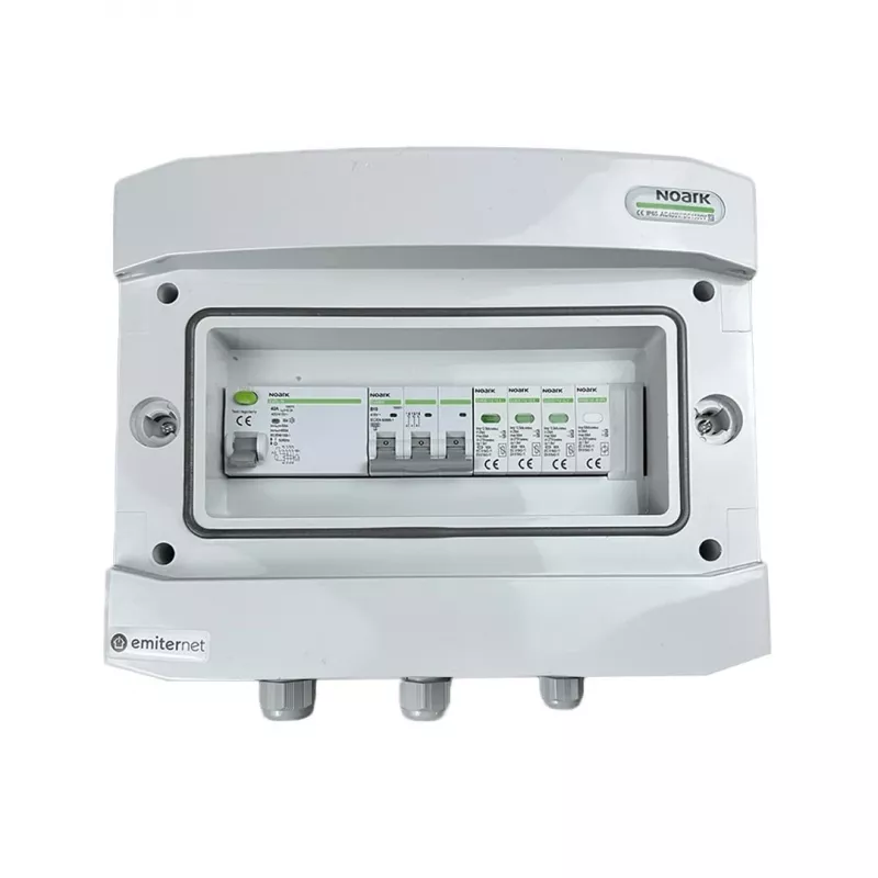 EMITER Skirstomasis Įrenginys Pritvirtintas AC Hermetiškas IP65 EMITTER su Apsauginiu Perįtampio Įtaisu AC Noark 1+2 Tipo, 10A 3-Fazių, RCD A Tipo 40A/300mA