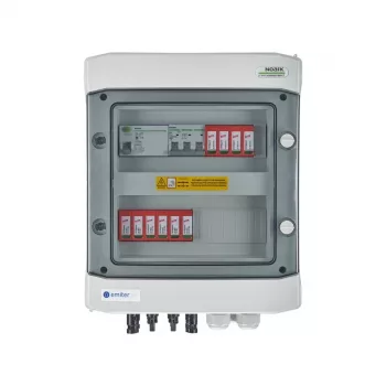 EMITER Switchgear Attached DCAC Hermetic IP65 EMITTER su DC viršįtampio ribotuvu Dehn 1000V 2 tipas, 2 x PV string, 2 x MPPT // og. AC Dehn 2 tipas, 16A 3-F, RCD A tipas 40A/300mA