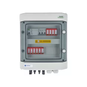 EMITER Switchgear Attached DCAC Hermetic IP65 EMITTER su DC apsauga nuo viršįtampių Dehn 1000V Type 2, 2 x PV String, 2 x MPPT // og. AC Dehn Type 2, 10A 3-Phase, RCD Type A 40A/300mA