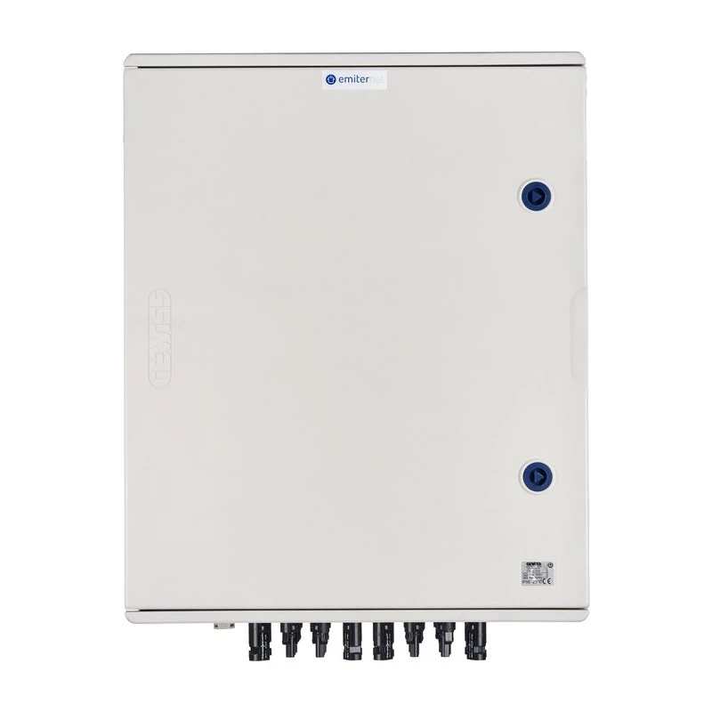 EMITER Skirstomasis Įrenginys DCAC Hermetinis IP66 EMITTER su Dehn 1000V 2 Tipo Nuolatinės Srovės Perjungimo Apsauga, 6 x PV Stygos, 6 x MPPT // Kintamos Srovės Dehn 2 Tipas, 100A 3 Fazės, FR 100A, Fazės Signalizacija + Kištukinis Lizdas