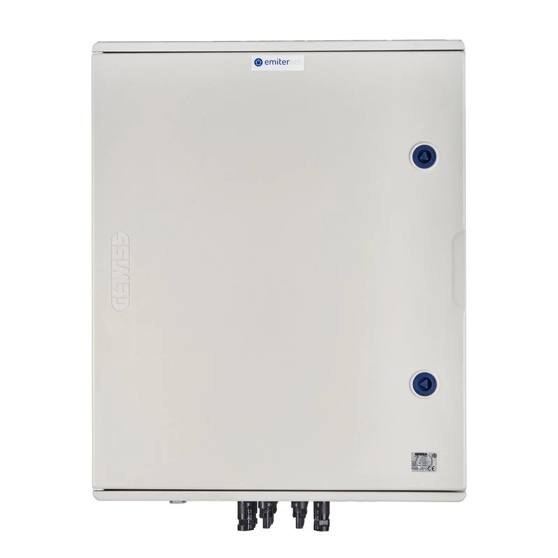 EMITER Skirstomasis Įrenginys DCAC Hermetic IP66 EMITTER su DC Apsaugos Nuo Viršįtampių Dehn 1000V 1+2 Tipo, 4 x PV Stygos, 4 x MPPT // Ogr. AC Dehn 1+2 Tipo, 100A 3 Fazės, FR 100A, Syg. Faz + Kištukinis Lizdas