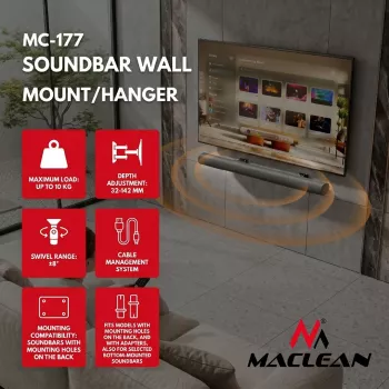 EOF Maclean MC-177 Soundbar laikiklis sienai, plieninis, juodas, pakreipimas +8° iki -8°, maks. 10 kg