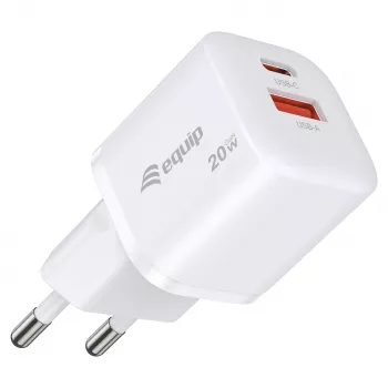 Equip 2 prievadų USB-C PD3.0/USB-A GaN sieninis įkroviklis 20W baltas