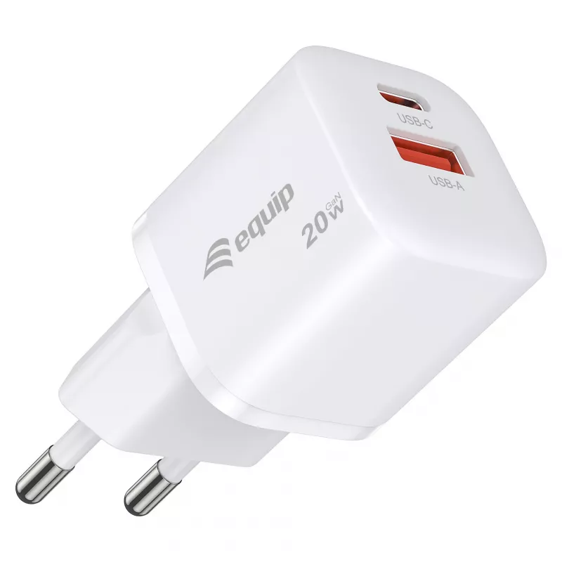 Equip 2 prievadų USB-C PD3.0/USB-A GaN sieninis įkroviklis 20W baltas