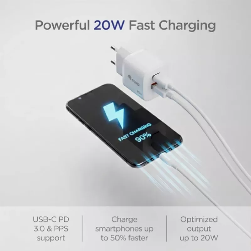 Equip 2 prievadų USB-C PD3.0/USB-A GaN sieninis įkroviklis 20W baltas
