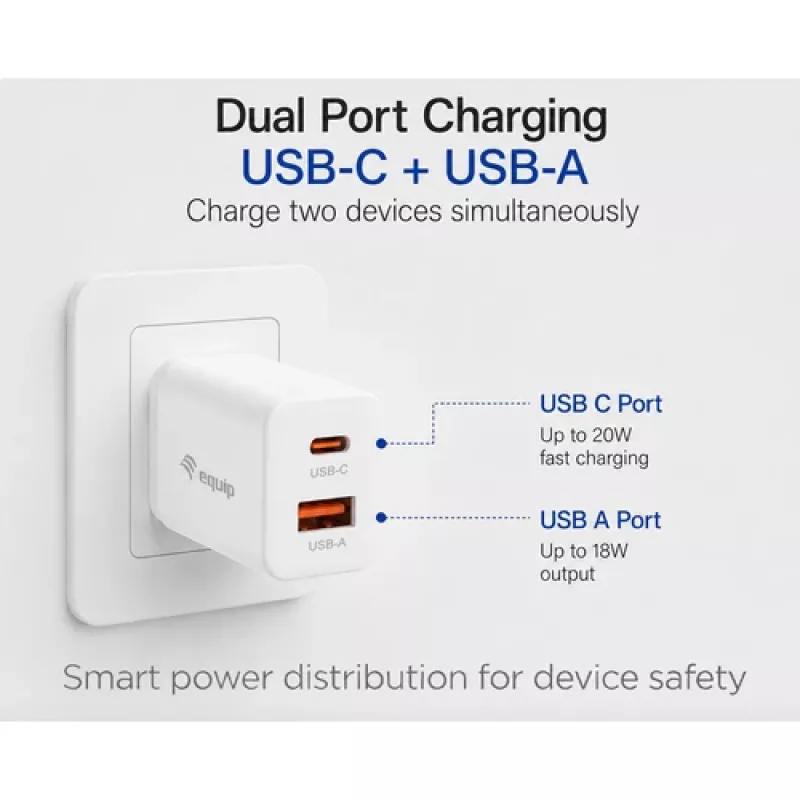 Equip 2 prievadų USB-C PD3.0/USB-A GaN sieninis įkroviklis 20W baltas