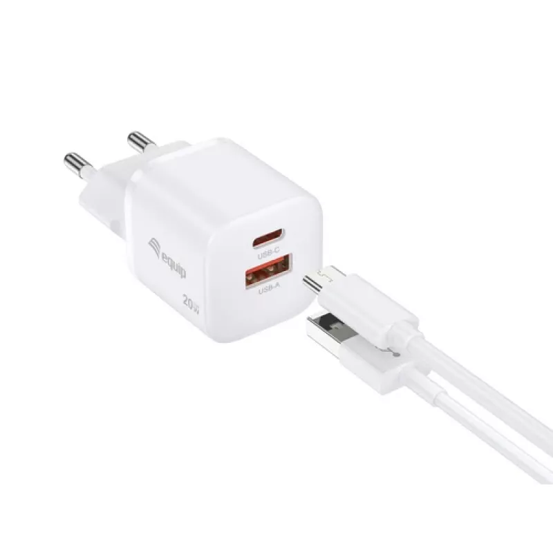 Equip 2 prievadų USB-C PD3.0/USB-A GaN sieninis įkroviklis 20W baltas