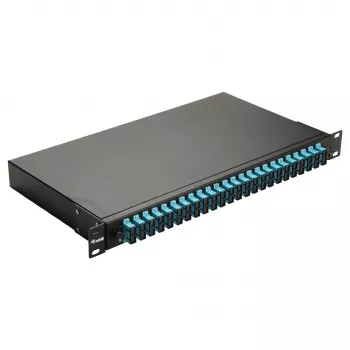 EQUIP 24 prievadų šviesolaidžio sujungimo dėžutė, LC Duplex, OM3, 1U, įrengta, juoda