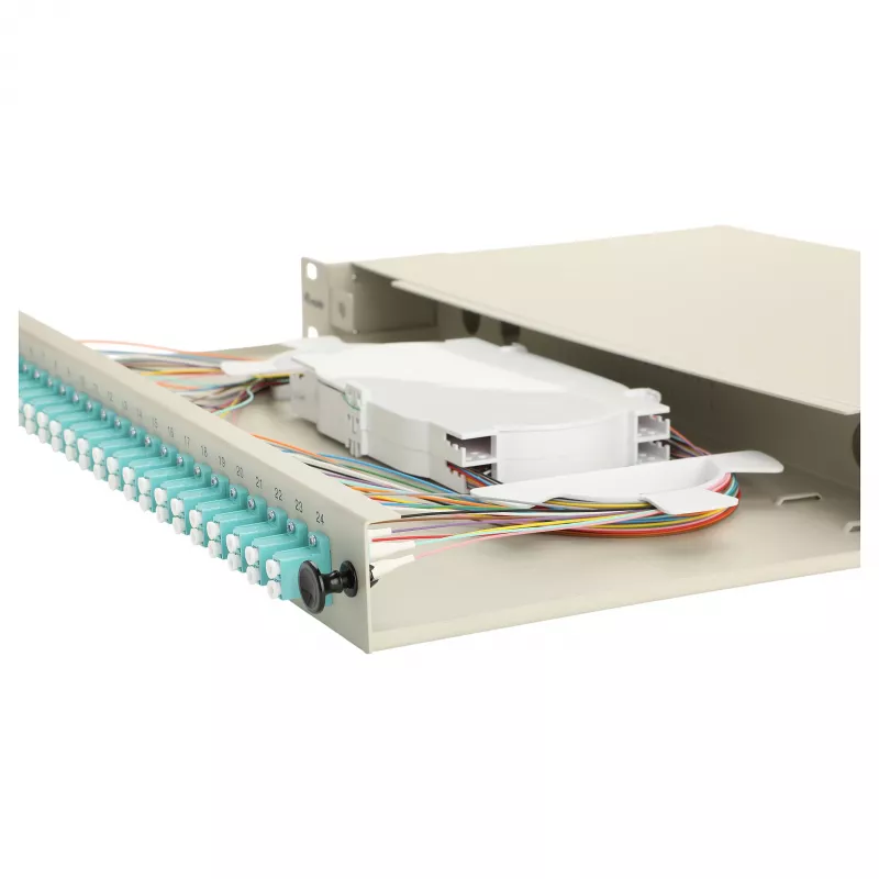 Equip 24 Prievadų Šviesolaidžio Sujungimo Dėžutė, LC Duplex, OM3, 1U, Įrengta, Pilka