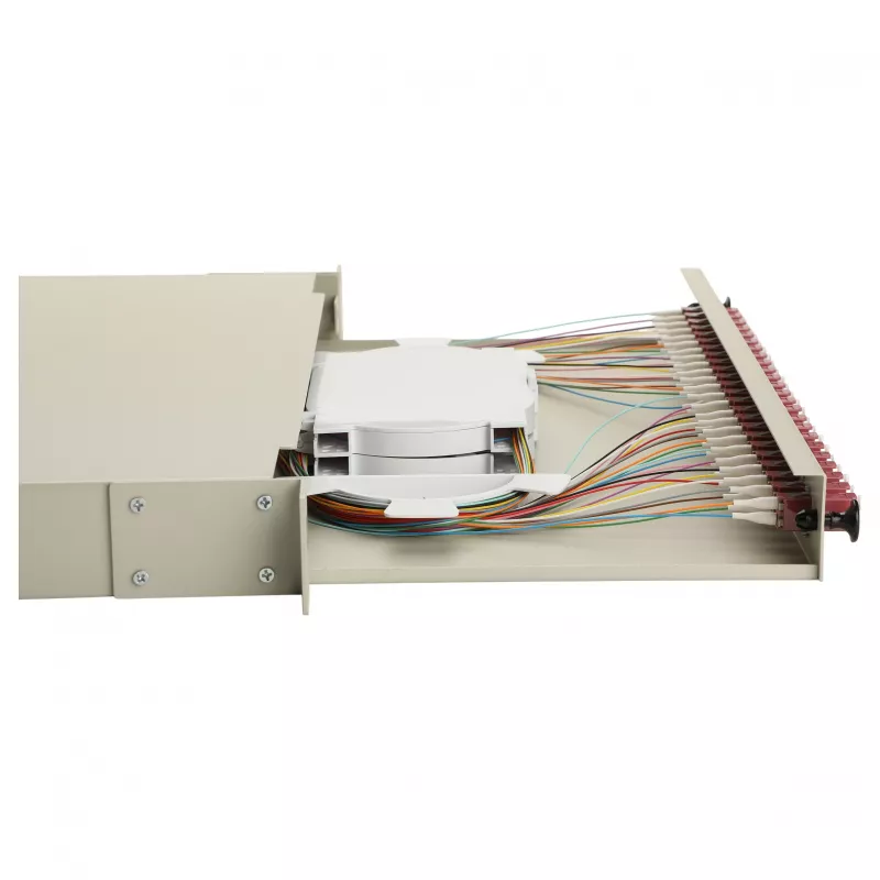 EQUIP 24 prievadų šviesolaidžio sujungimo dėžutė, LC Duplex, OM4, 1U, įrengta, pilka
