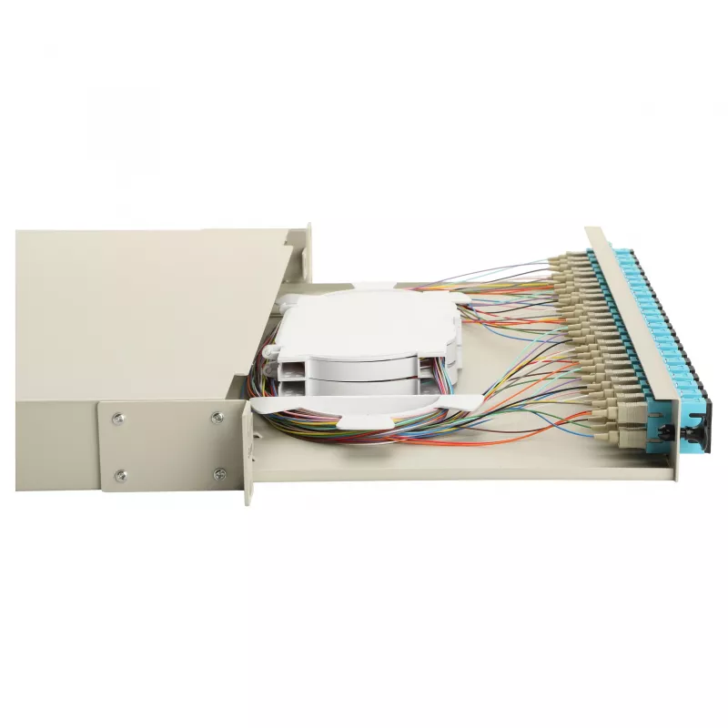 Equip 24 prievadų optinio pluošto sujungimo dėžutė, SC Duplex, OM3, 1U, pilnai įrengta, pilka