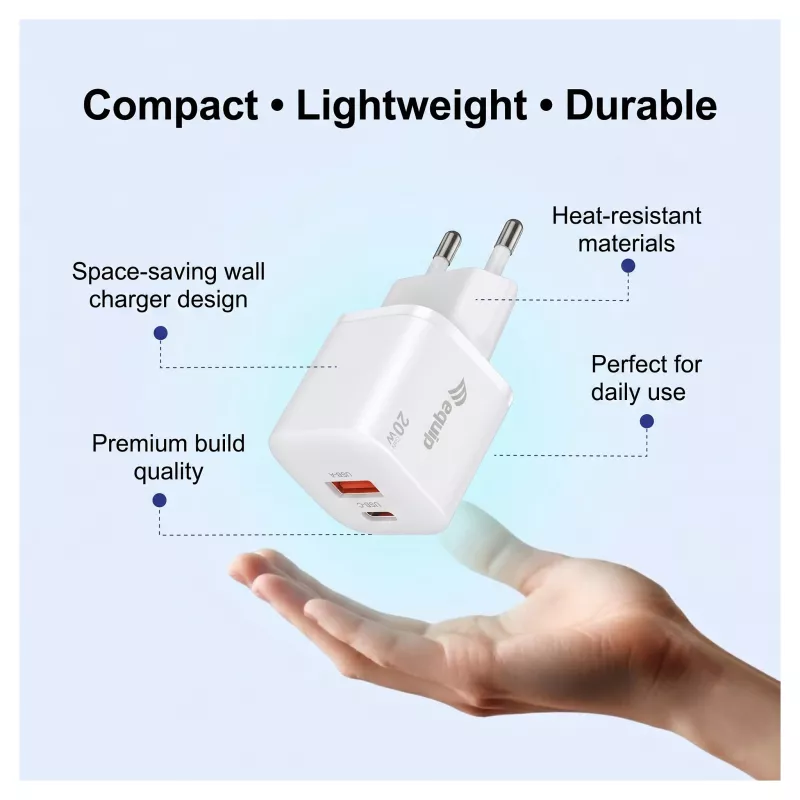 Equip 245526 2 prievadų USB-C PD3.0 / USB-A GaN 20W sieninis įkroviklis, baltas