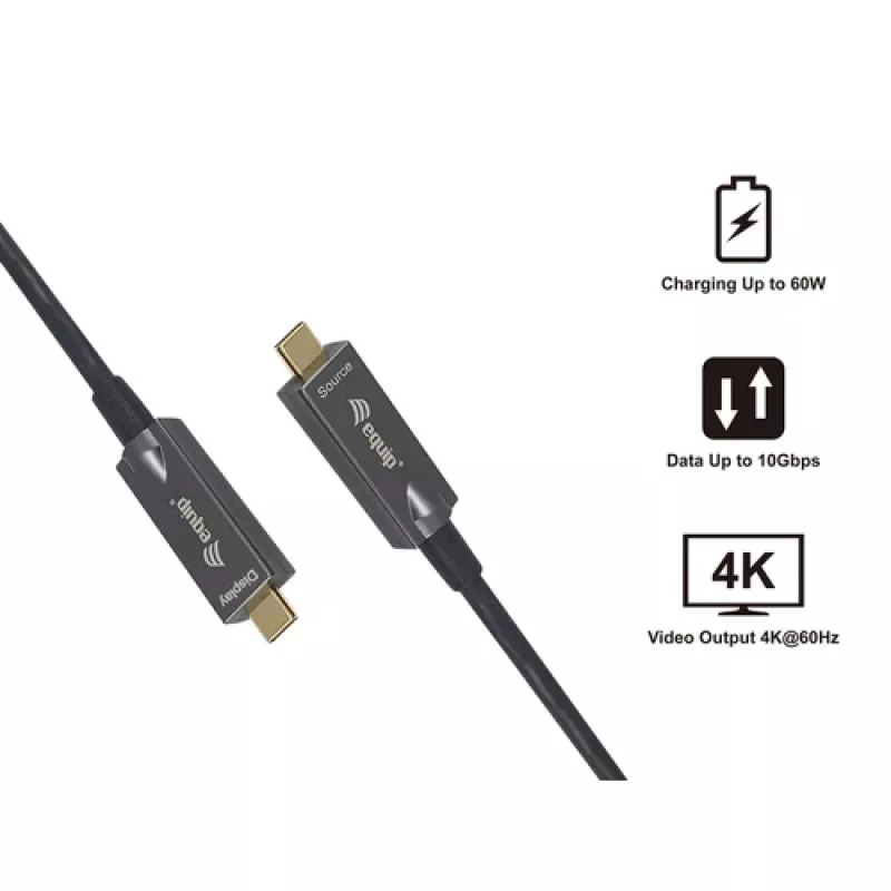 EQUIP 578203 USB-C į USB-C aktyvus optinis kabelis 7,5 m 4K@60Hz 10Gbps PD 60W juodas