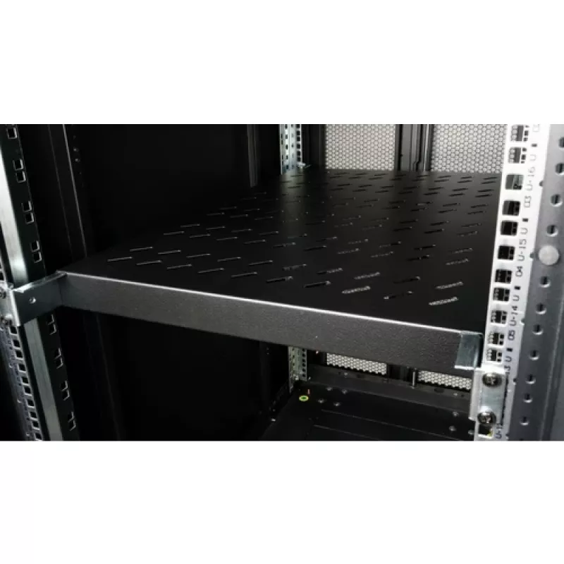 Equip EZVS-19-1-10-B 19 colių 1U fiksuota stelažo lentyna, 1000 mm gylio, juoda – tvirtas plienas, 100 kg talpa