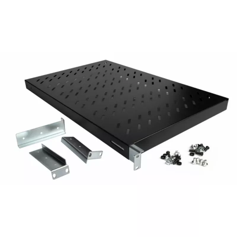 Equip EZVS-19-1-10-B 19 colių 1U fiksuota stelažo lentyna, 1000 mm gylio, juoda – tvirtas plienas, 100 kg talpa